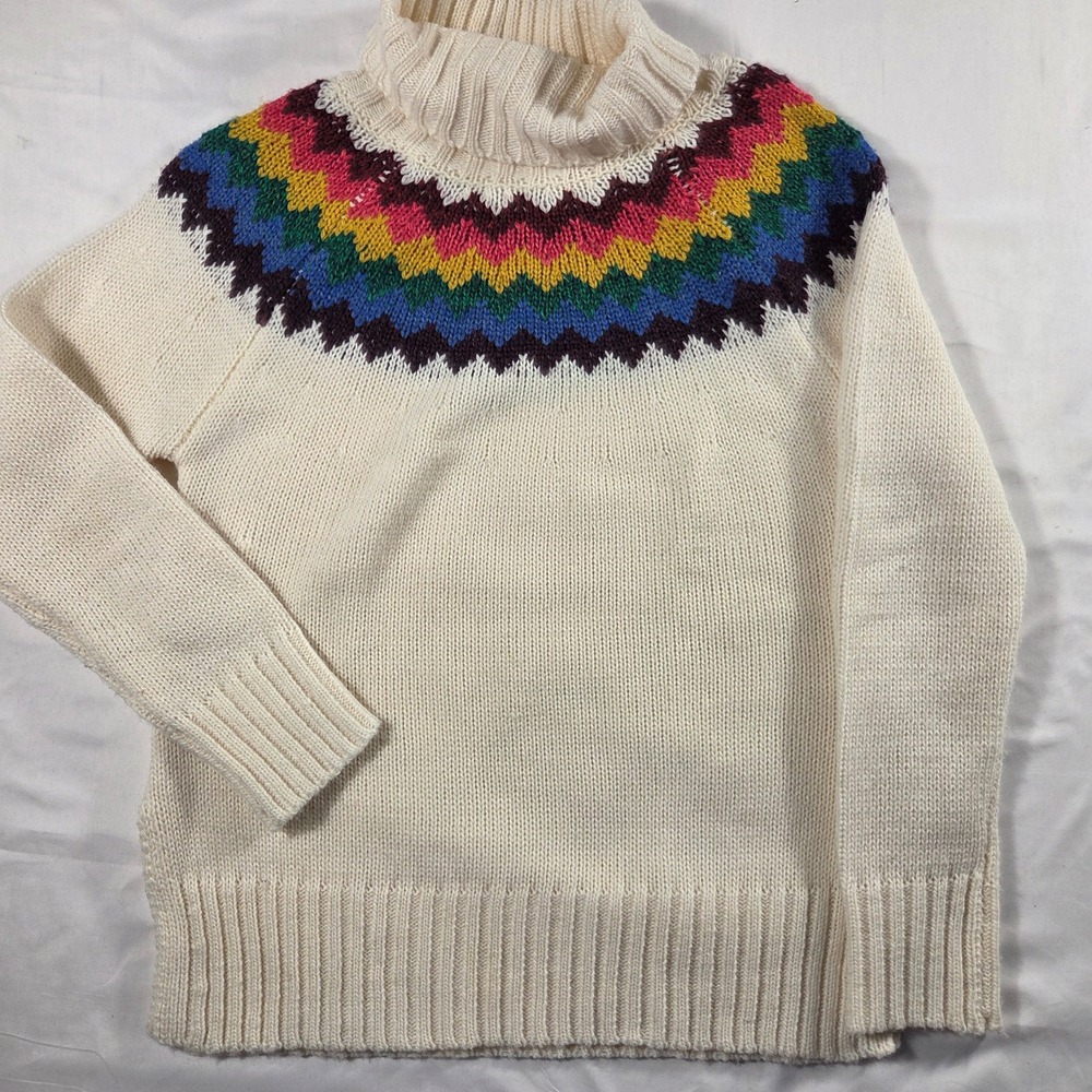 Alya Womens Rainbow Fair Isle Turtleneck Sweater Cream Knit Size Small